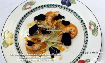 Langoustines poêlées aux truffes noires, Endives caramélisées, Sauce crustacés